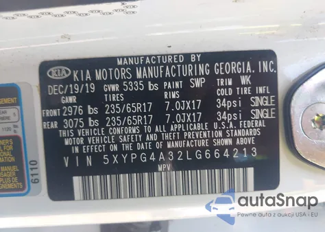 2020 Kia Sorento 2.4L Lx z USA, uszkodzony, nr VIN 5XYPG4A32LG664213